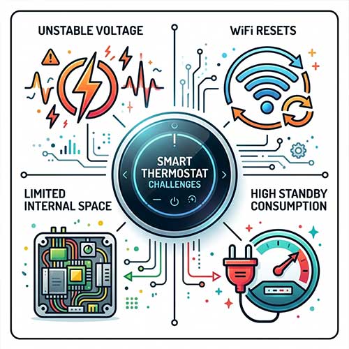 Smart thermostat facing unstable voltage, WiFi interruptions, limited internal space and high standby consumption requiring a reliable IoT battery