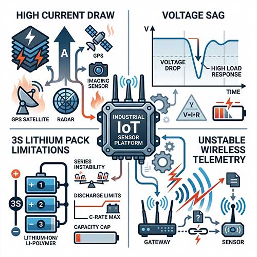 Industrial sensor platform facing voltage sag, high current draw and unstable telemetry requiring a stronger lithium battery configuration