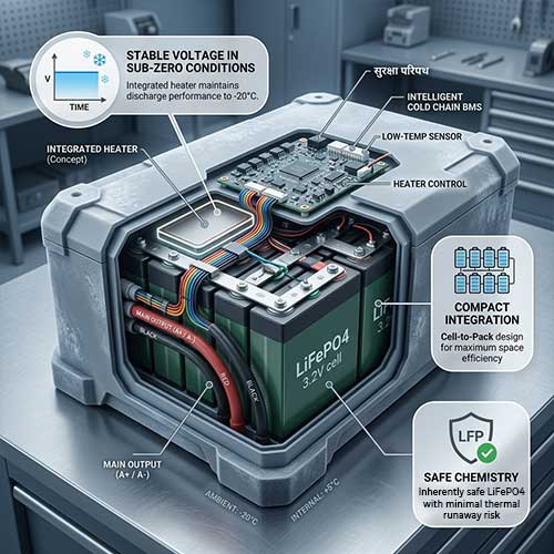 Custom LiFePO4 battery providing stable voltage output, safe chemistry and compact integration for reusable cold chain temperature loggers