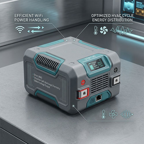 Custom low-power lithium battery with ultra-low self-discharge, smart BMS voltage stabilization and optimized energy usage for HVAC connectivity
