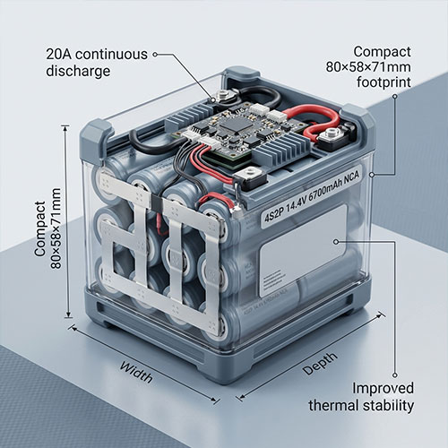 Custom 4S2P 14.4V 6700mAh NCA battery delivering 20A continuous discharge with improved stability and compact 80×58×71mm integration