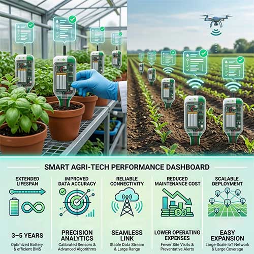 Smart plant sensor battery delivering 3–5 year lifespan, stable data accuracy, reliable connectivity and scalable deployment across agriculture sites