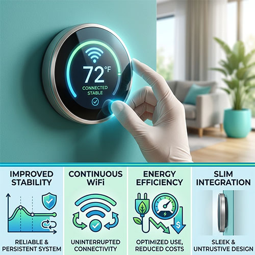 Smart thermostat achieving stable WiFi connectivity, improved energy efficiency and seamless slim-wall integration with Himax Electronics lithium battery