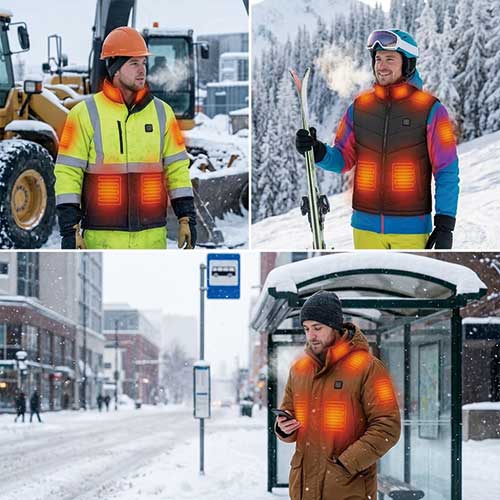 Outdoor workers and winter sports users wearing heated jackets with active heating zones