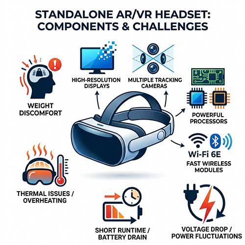 Standalone AR VR headset power needs showing high-resolution displays, tracking cameras and thermal challenges requiring better batteries