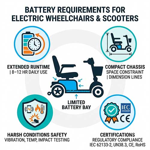 Compact longruntime electric wheelchair battery designed for vibration safety, temperature stability and IEC 621332 UN38.3 compliance