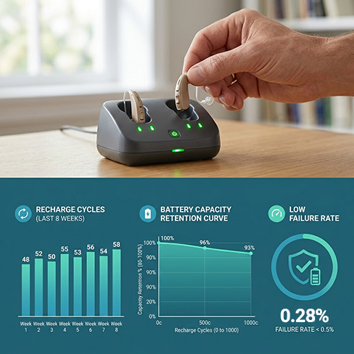 Charging cradle with LED indicators and performance dashboard showing recharge cycles capacity retention and low failure rate