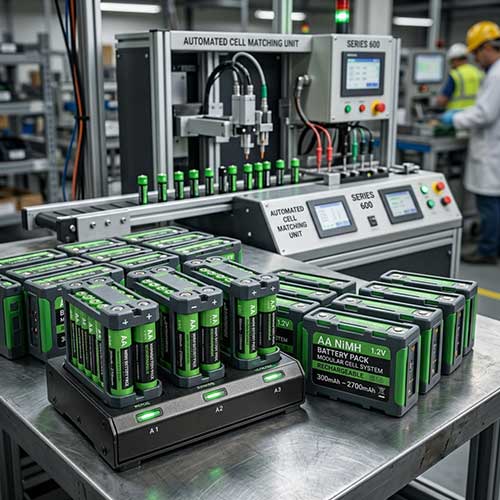 Modular AA NiMH battery packs 1.2V 300–2700mAh for charging bases with automated cell matching for consistent performance