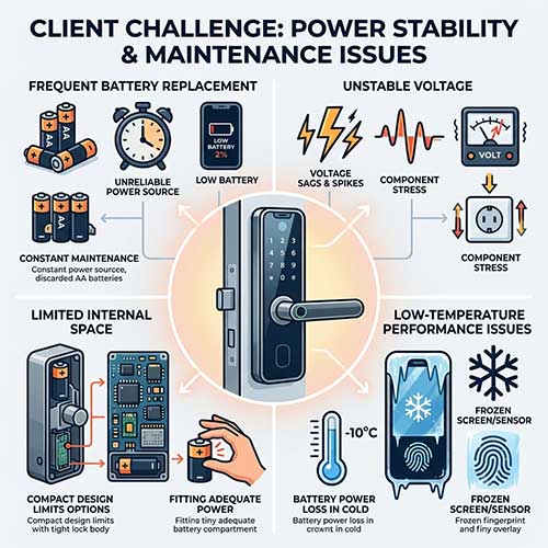 Smart door lock facing unstable voltage, frequent battery replacement, limited space and low-temperature issues requiring a custom IoT battery