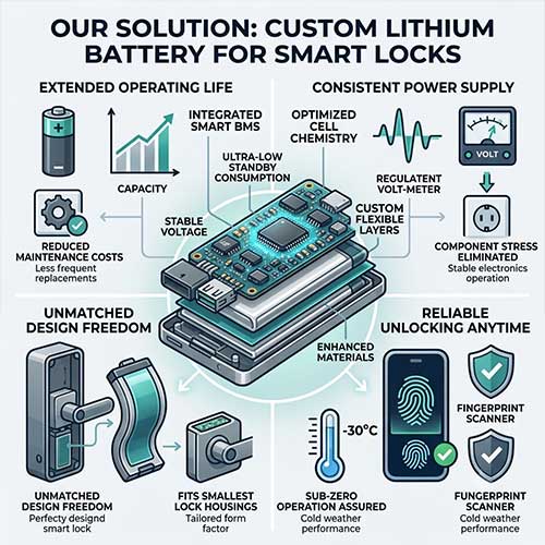 Custom lithium smart lock battery with optimized chemistry, smart BMS, compact LiPo design and improved low-temperature performance