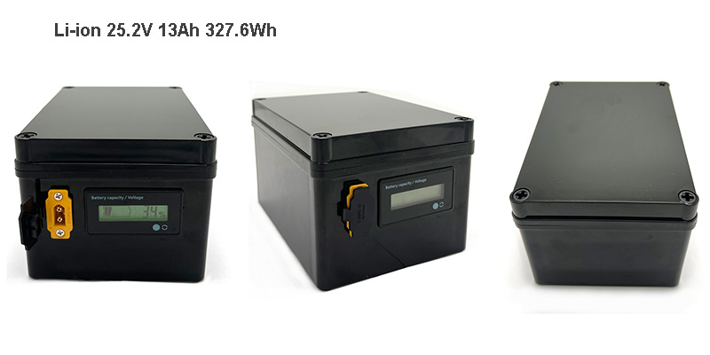 IP67 waterproof 25.2V 13Ah lithium battery pack in rigid black enclosure with XT60 connector and LCD voltage display.