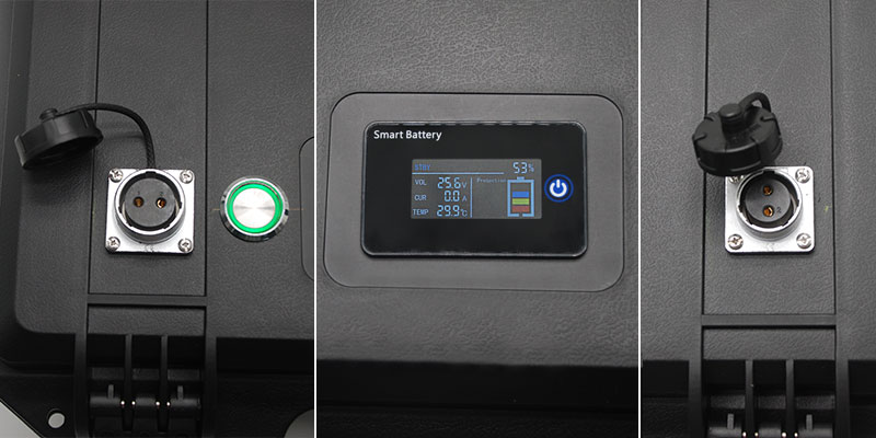 Center-off reversing switch I-0-II rated 25A DC integrated in solar tracker commissioning battery pack