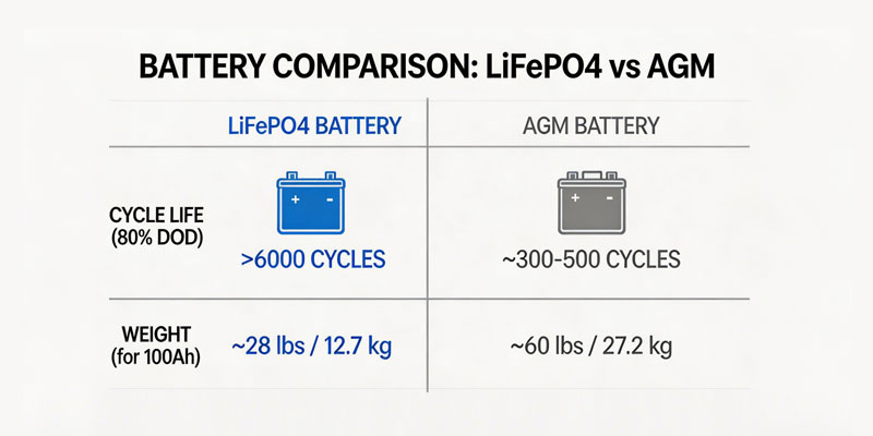 Comparison chart showing LiFePO4 vs AGM UPS backup batteries cycle life and weight