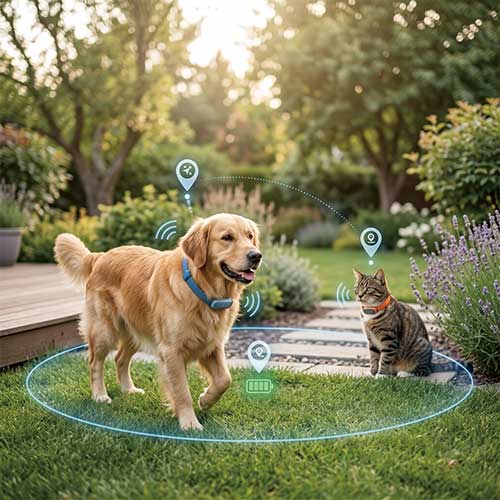 Pets wearing GPS collars showing real-time tracking and long battery runtime