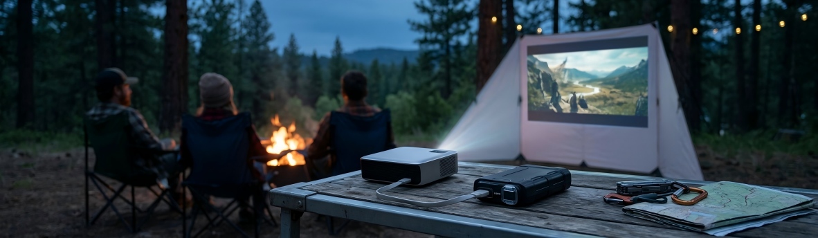 Rugged Pico Projector Battery Camping Scene