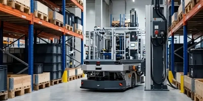 Automated guided vehicle (AGV) running in warehouse aisle for logistics automation, powered by industrial lithium battery