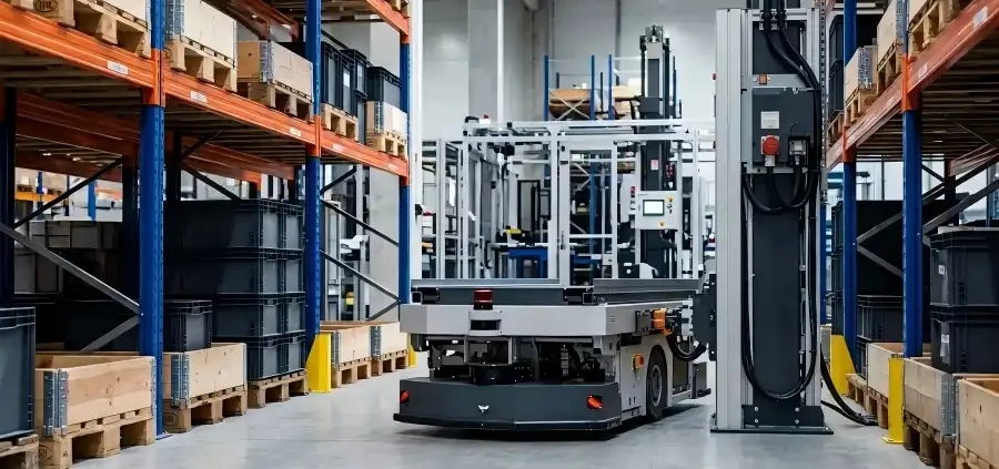 Automated guided vehicle (AGV) running in warehouse aisle for logistics automation, powered by industrial lithium battery