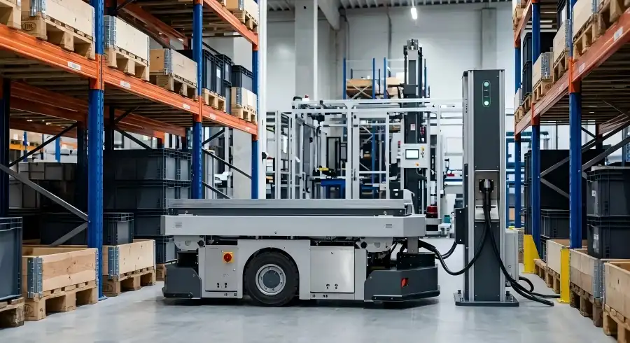 An automated guided vehicle (AGV) navigating an aisle of tall racking systems in a modern, well-lit warehouse, illustrating warehouse automation and automated material handling.