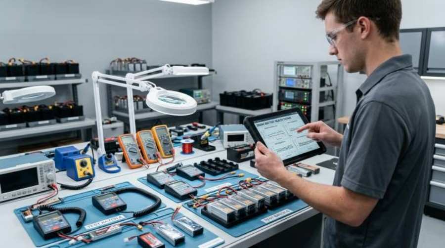 Drone technician reviewing battery internal resistance trends and health diagnostics on a tablet.