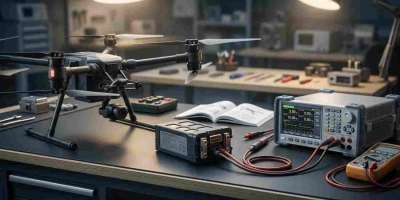 High-capacity commercial drone lithium battery pack on a diagnostic station workbench.