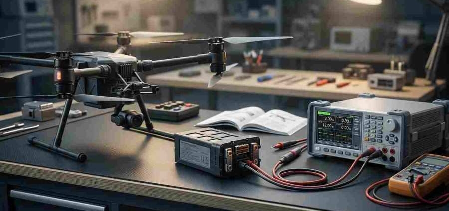 High-capacity commercial drone lithium battery pack on a diagnostic station workbench.