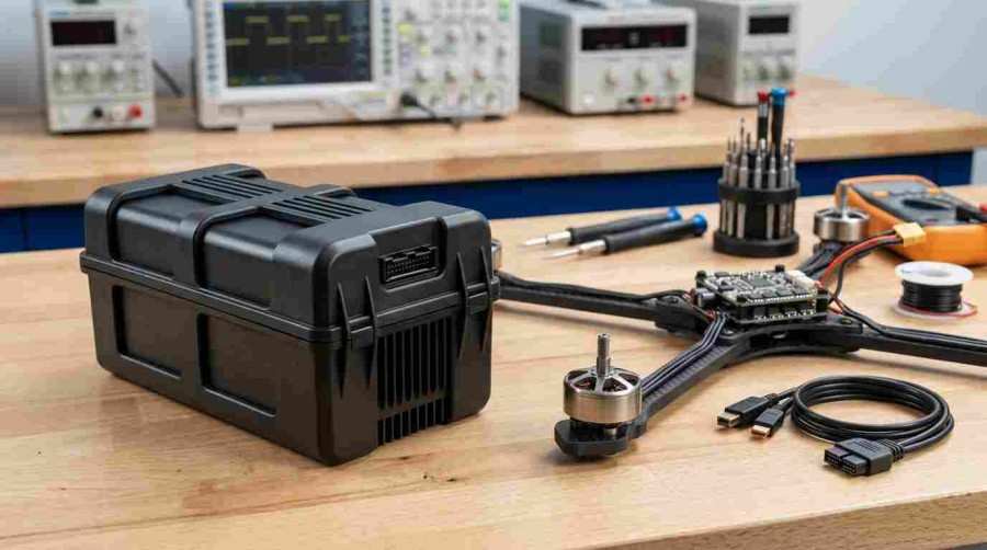 High-capacity commercial drone lithium battery pack on a diagnostic station workbench.