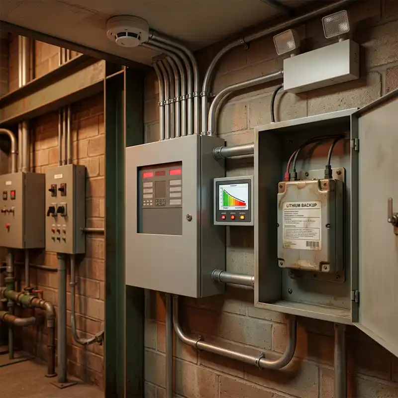 Fire alarm backup battery affected by self-discharge and high-temperature degradation