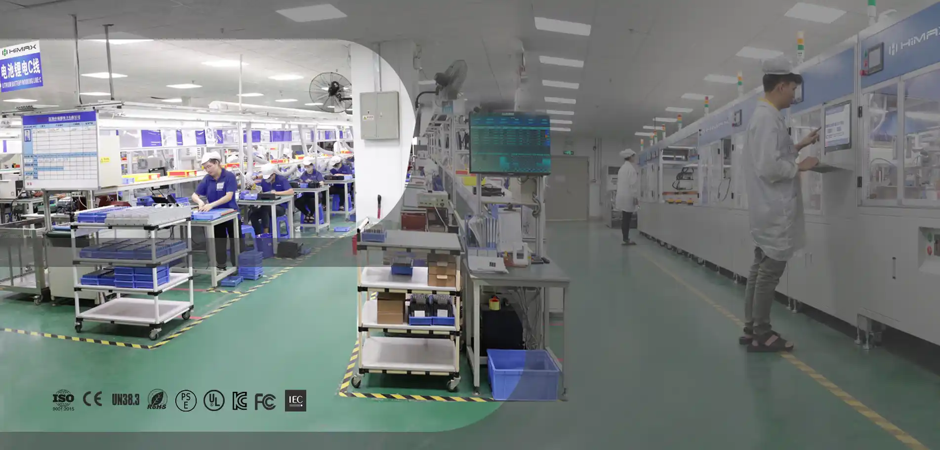 Himax Electronics battery assembly factory showcasing automated production lines and ISO, CE, UN38.3 certifications, representing advanced lithium battery manufacturing capabilities.