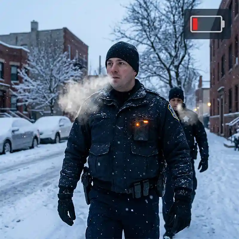 Police officer using body camera in freezing conditions, illustrating battery performance challenges before adopting Himax solutions