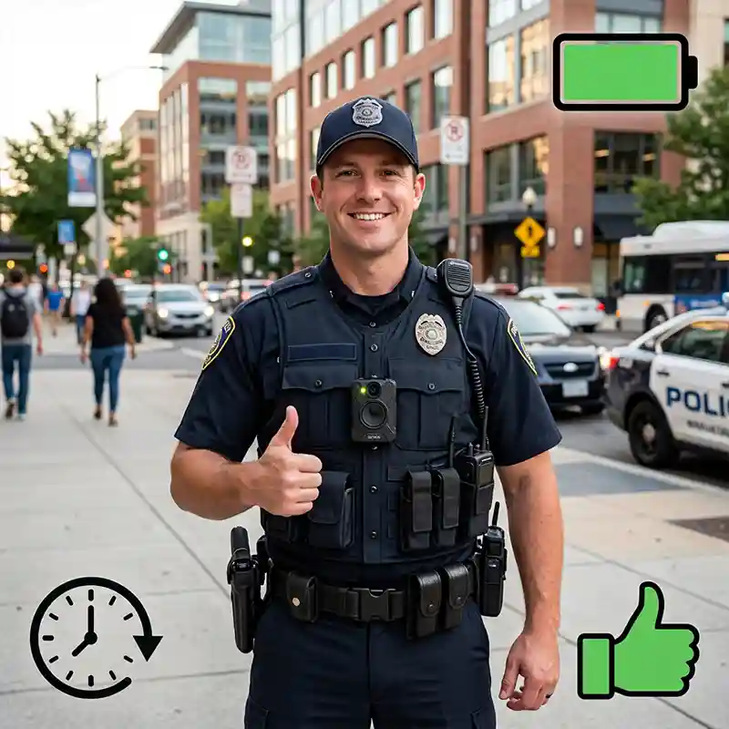 Police officer recording full 12-hour shift with Himax battery-powered body camera, demonstrating improved reliability and performance