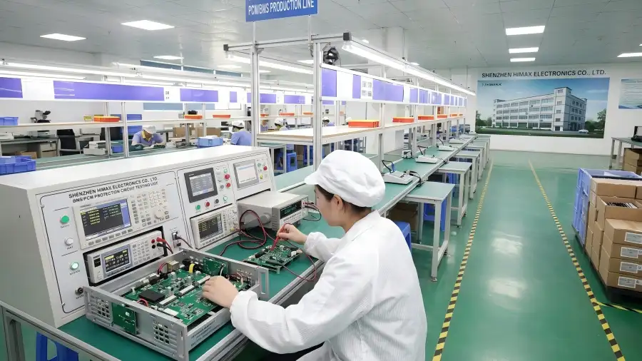 HIMAX Electronics engineer testing battery BMS circuit in cleanroom laboratory