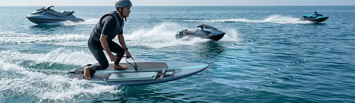 A rider carving smoothly on a high-performance electric surfboard powered by Himax Electronics' custom lithium battery solution