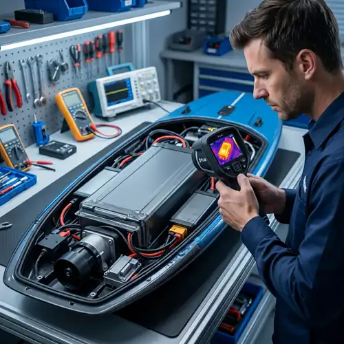 An engineer inspecting a custom lithium battery installation inside an electric surfboard at a marine battery development lab