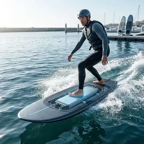 Engineers reviewing custom slim lithium battery prototypes and modular packaging options for electric surfboards