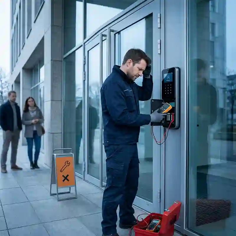 Technician replacing smart lock battery in commercial building, illustrating maintenance challenges before adopting Himax custom battery solution