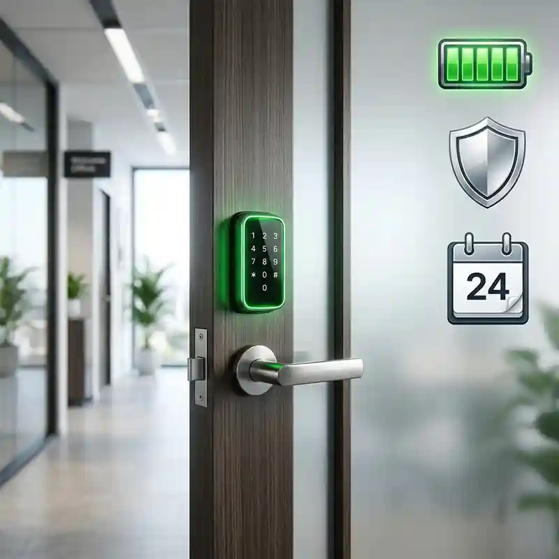 Modern office door with Himax-powered smart lock showing full battery and successful access, symbolizing reliability and market success