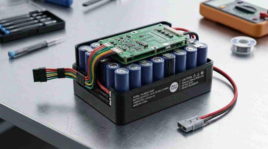 Custom lithium-ion battery pack with protection circuit board on industrial workbench