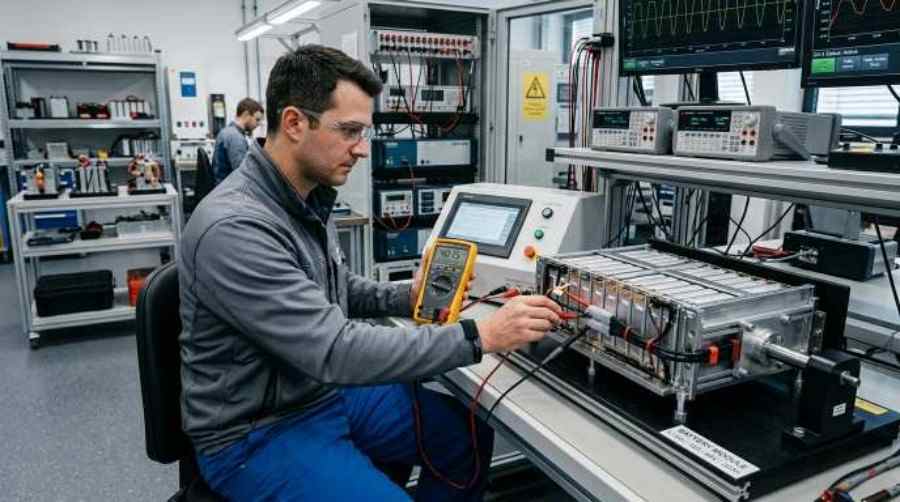 Engineer testing state of charge on lithium battery in laboratory