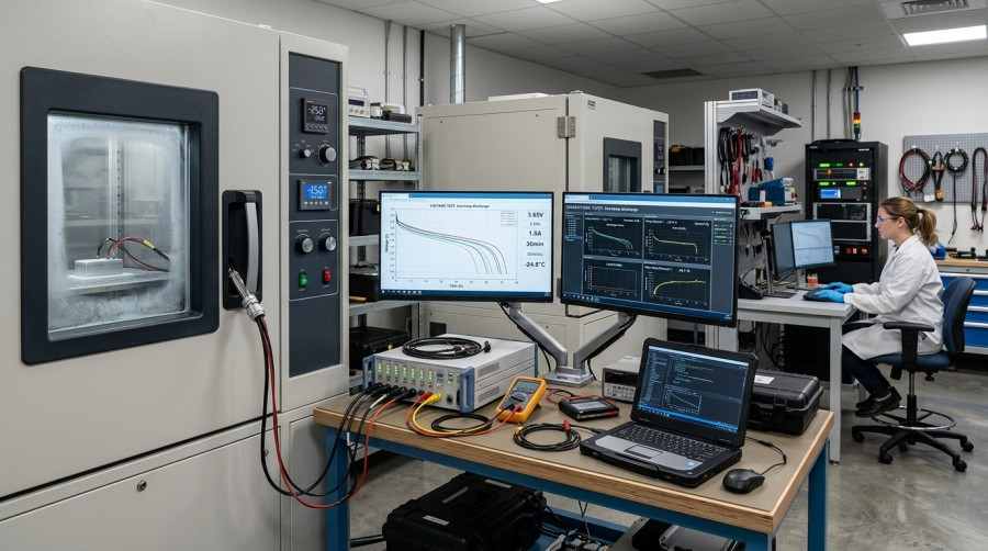 Environmental cold chamber battery performance testing in a lab