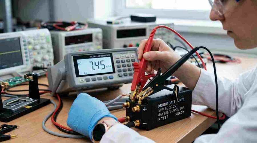 Engineer using an AC internal resistance meter with Kelvin probes to test a drone battery terminal.