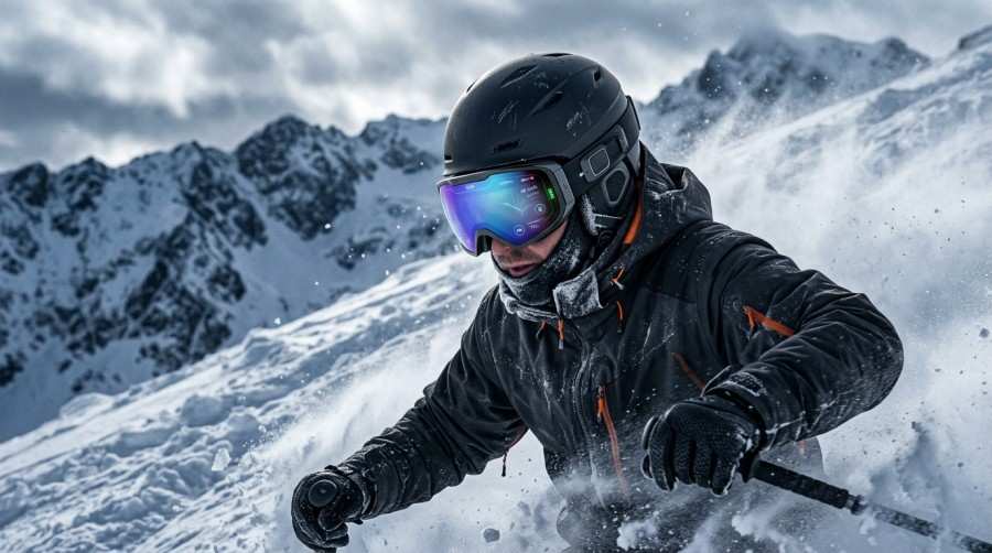 A skier wearing AI smart goggles on a frosty mountain slope