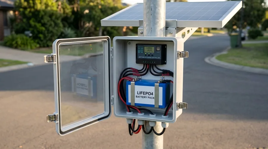 Solar street light IP67 enclosure featuring MPPT controller and LiFePO4 battery pack