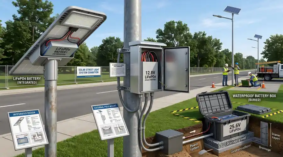 Comparison of integrated, pole-mounted, and buried solar street light battery installations