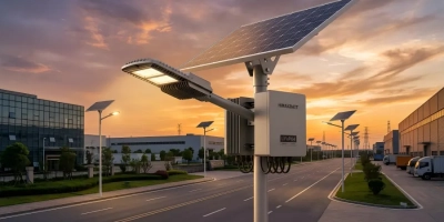Commercial solar street light system powered by LiFePO4 battery pack at sunset