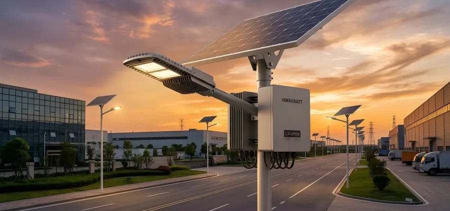 Commercial solar street light system powered by LiFePO4 battery pack at sunset