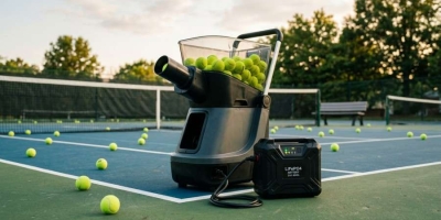 Tennis ball machine with high-performance battery pack on court