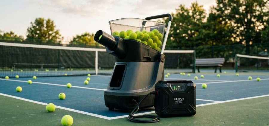 Tennis ball machine with high-performance battery pack on court