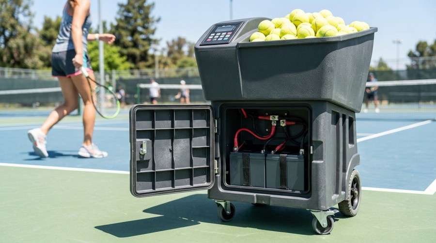 Tennis ball machine battery compartment on court