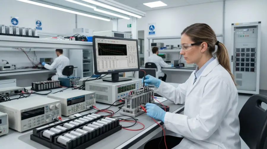 Engineer testing lithium battery cells in a clean laboratory