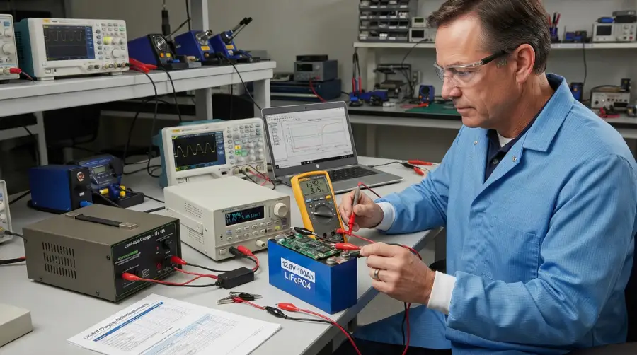 A technician testing battery charger compatibility with a digital multimeter in an electronics lab.